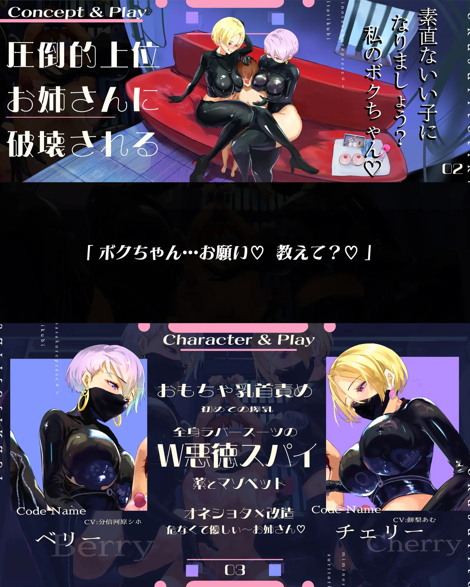 【ラバースーツ】悪徳スパイお姉さんとお薬で骨抜きドMペット生活~ずっと甘い乳首責めの誘惑~の登場人物2人