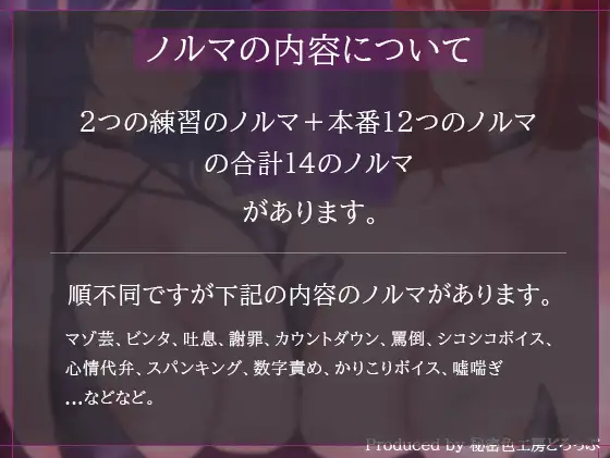 【ほぼ常時かりかり】Wサキュバスによる乳首責めとマゾ苛めノルマ式オナサポゲーム【ほぼ常時かりかりこりこりボイス×14のノルマ×マゾ】の特徴・コンセプト