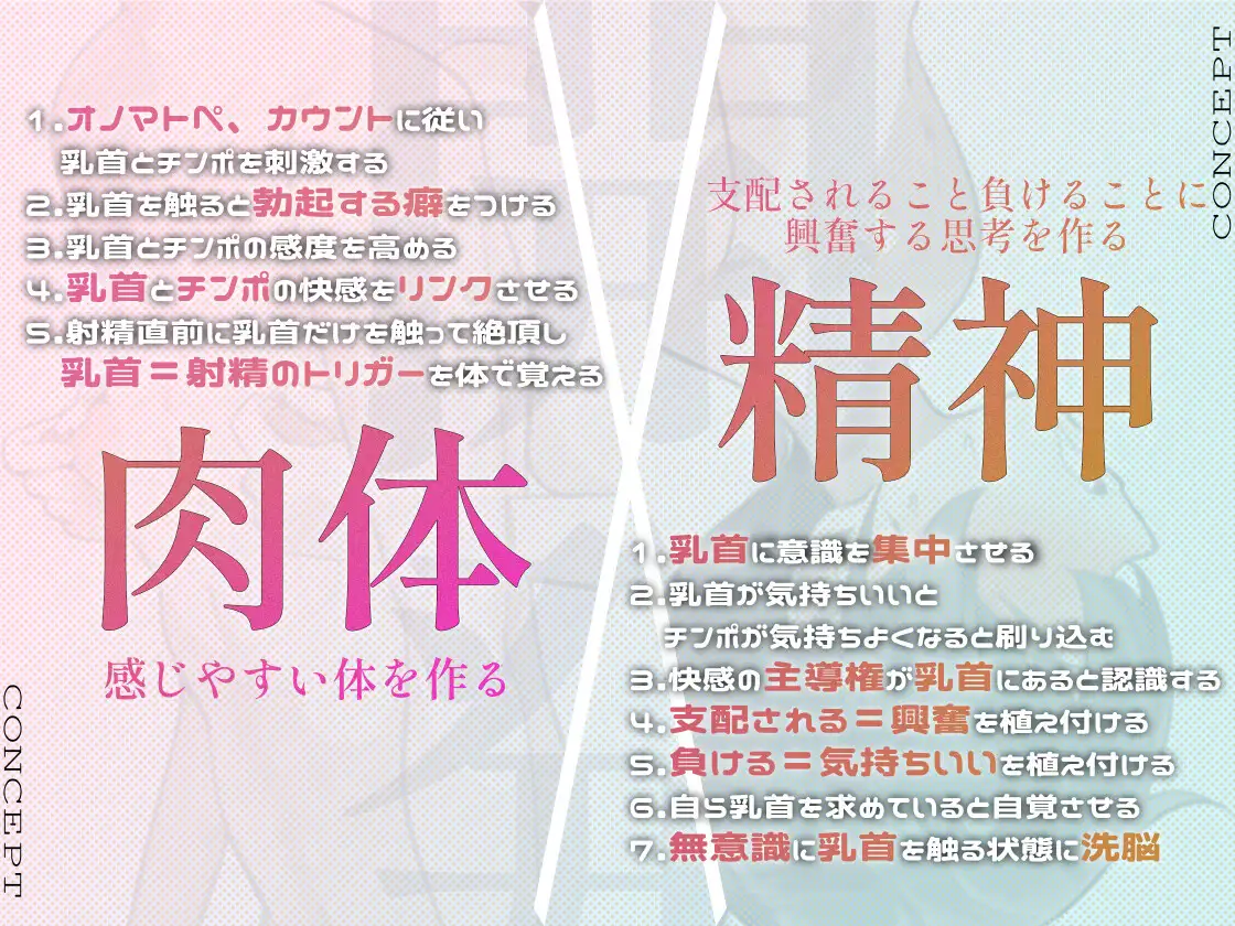 【乳首開発×精神開発】毎日続けるうちにマゾになる乳首開発プログラム -Stage 1-の特徴・コンセプト