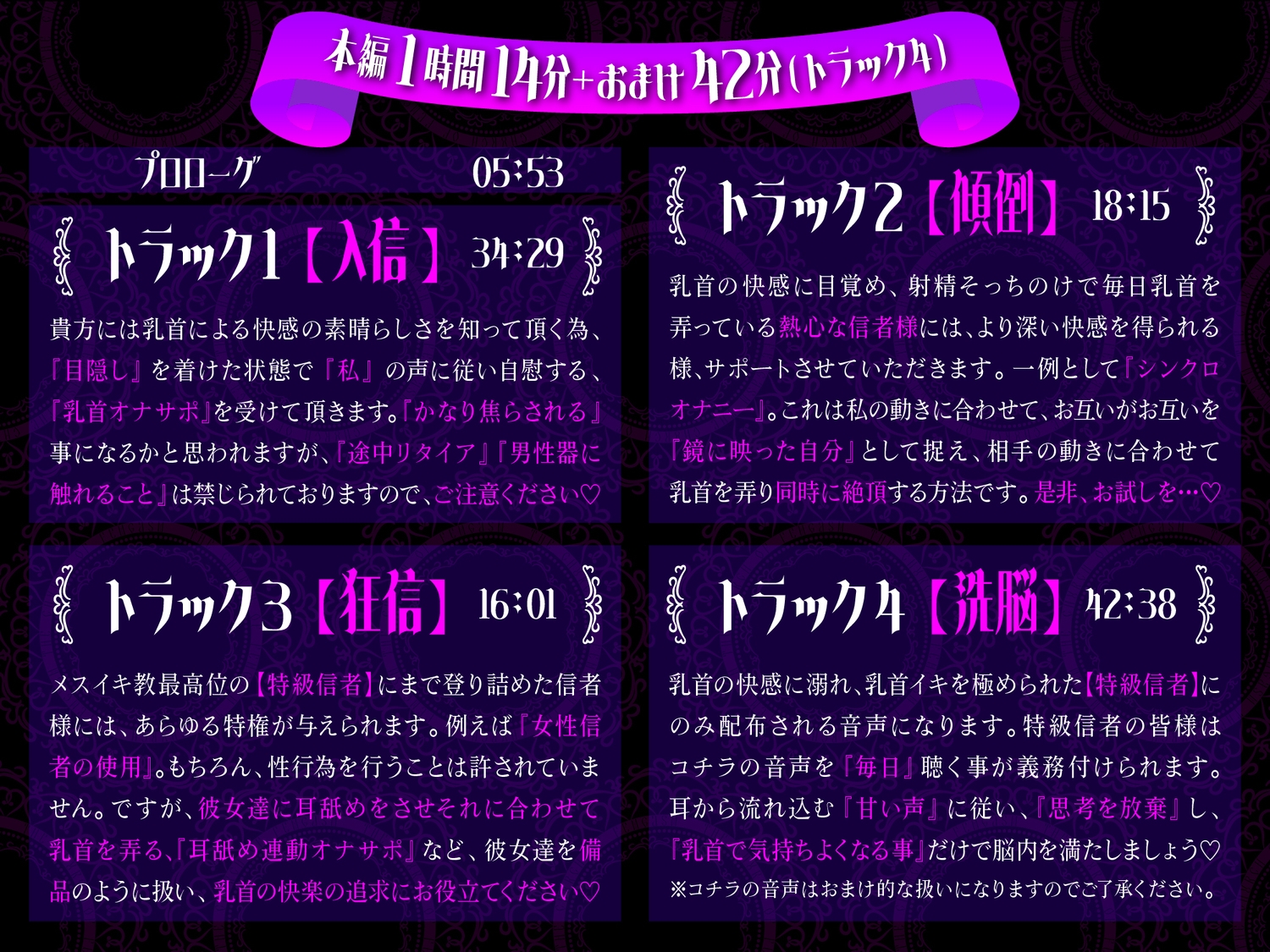 【乳首特化オナサポ】メスイキ教〜正常ナ男性ヲ乳首狂イノ『メス』ニ堕トス宗教団体〜のプレイ内容・特徴